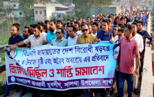হরতাল-অবরোধের প্রতিবাদে সালথায় যুবলীগের বিক্ষোভ মিছিল